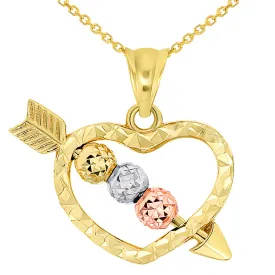 14k Tri-Color Gold Beaded Cupid's Love Arrow Through Textured Small Heart Pendant Necklace with Cable Chain