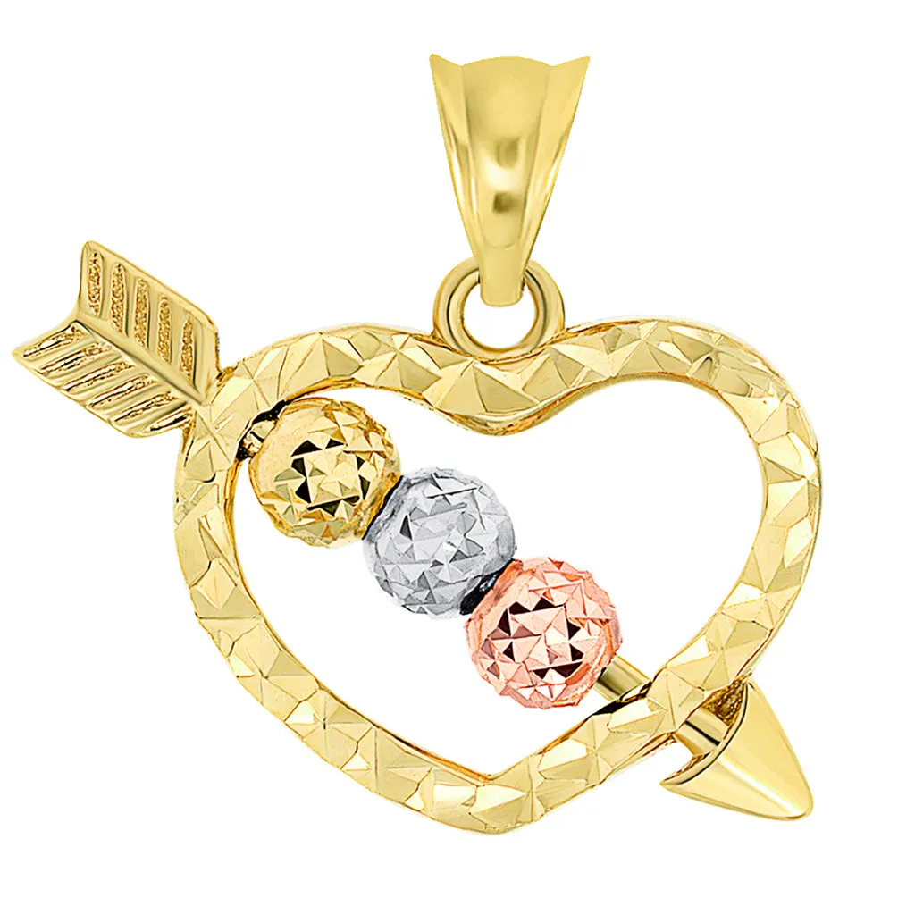 14k Tri-Color Gold Beaded Cupid's Love Arrow Through Textured Small Heart Pendant Necklace with Cable Chain