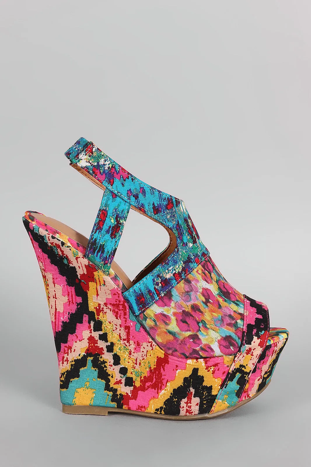 Bamboo Patchwork Watercolor Print Platform Wedge