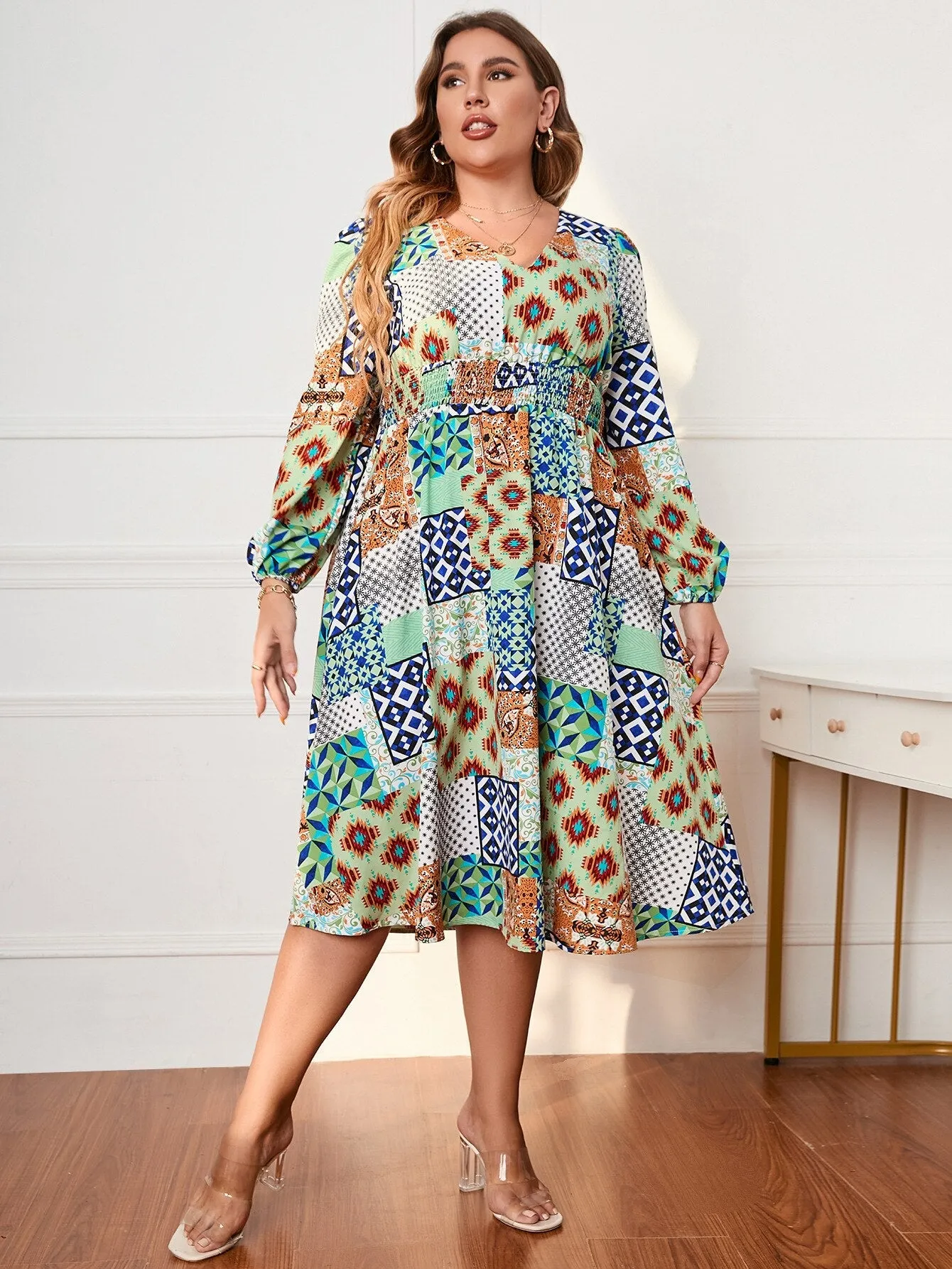 BerriesJam - 2024 Patchwork Long Sleeve Plus Size V Neck Party Dress