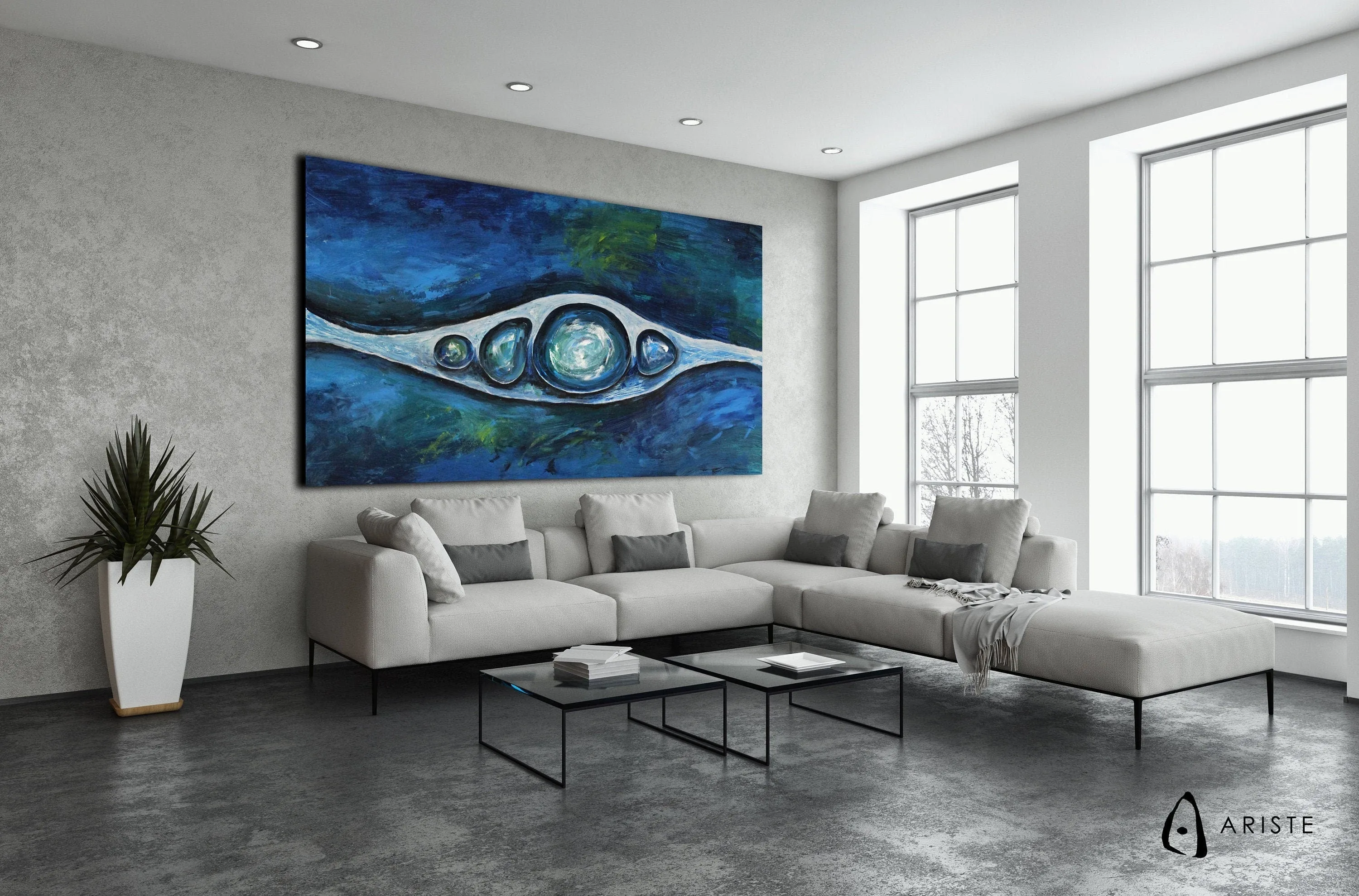Blue & white abstract oversized wall art made to order in a custom size