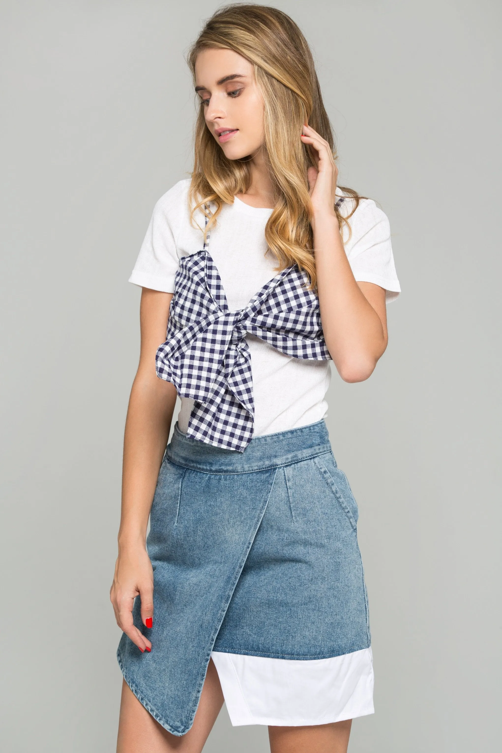 Blue Gingham Bralette Over White Crepe Crop Top