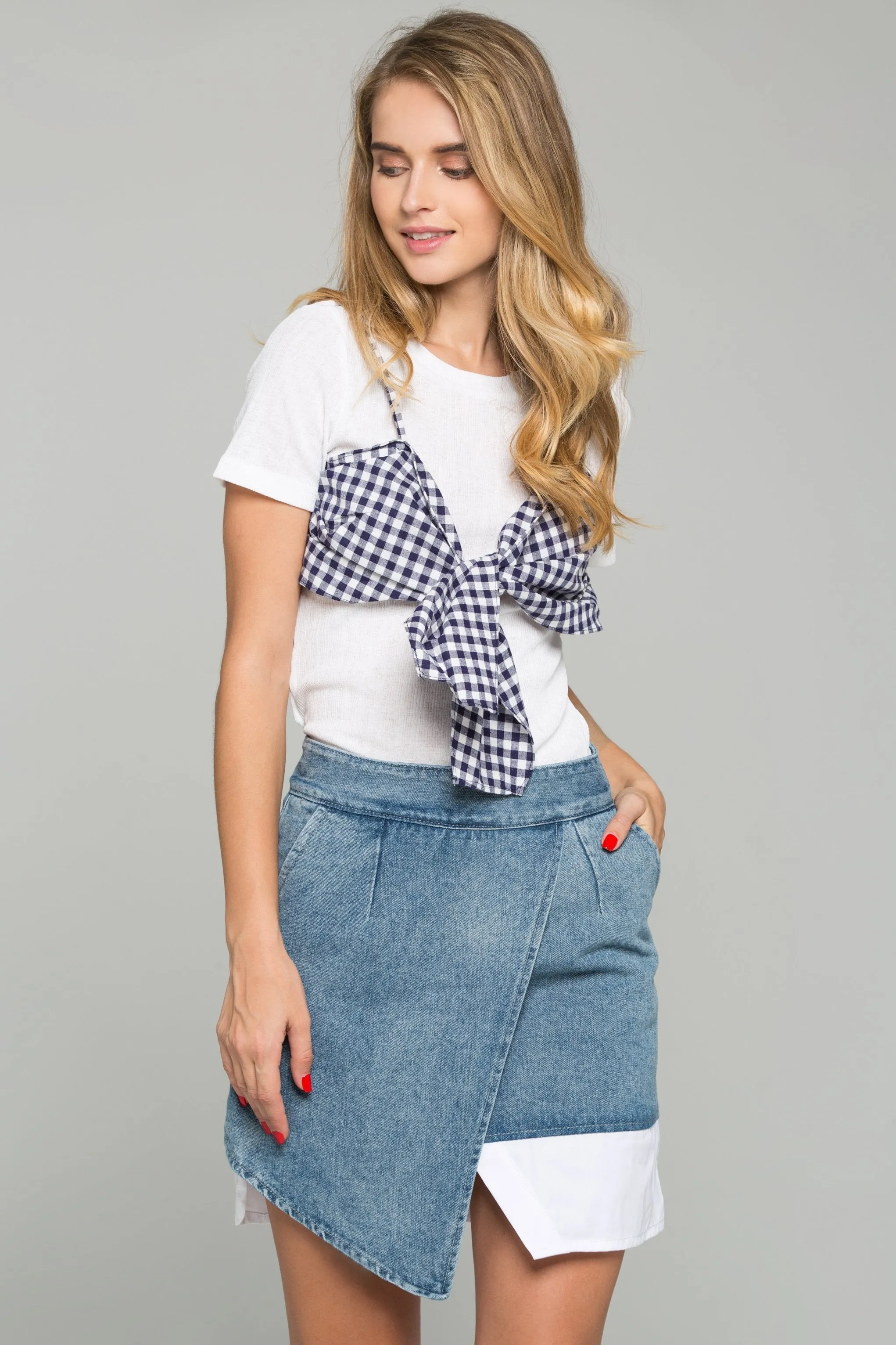 Blue Gingham Bralette Over White Crepe Crop Top