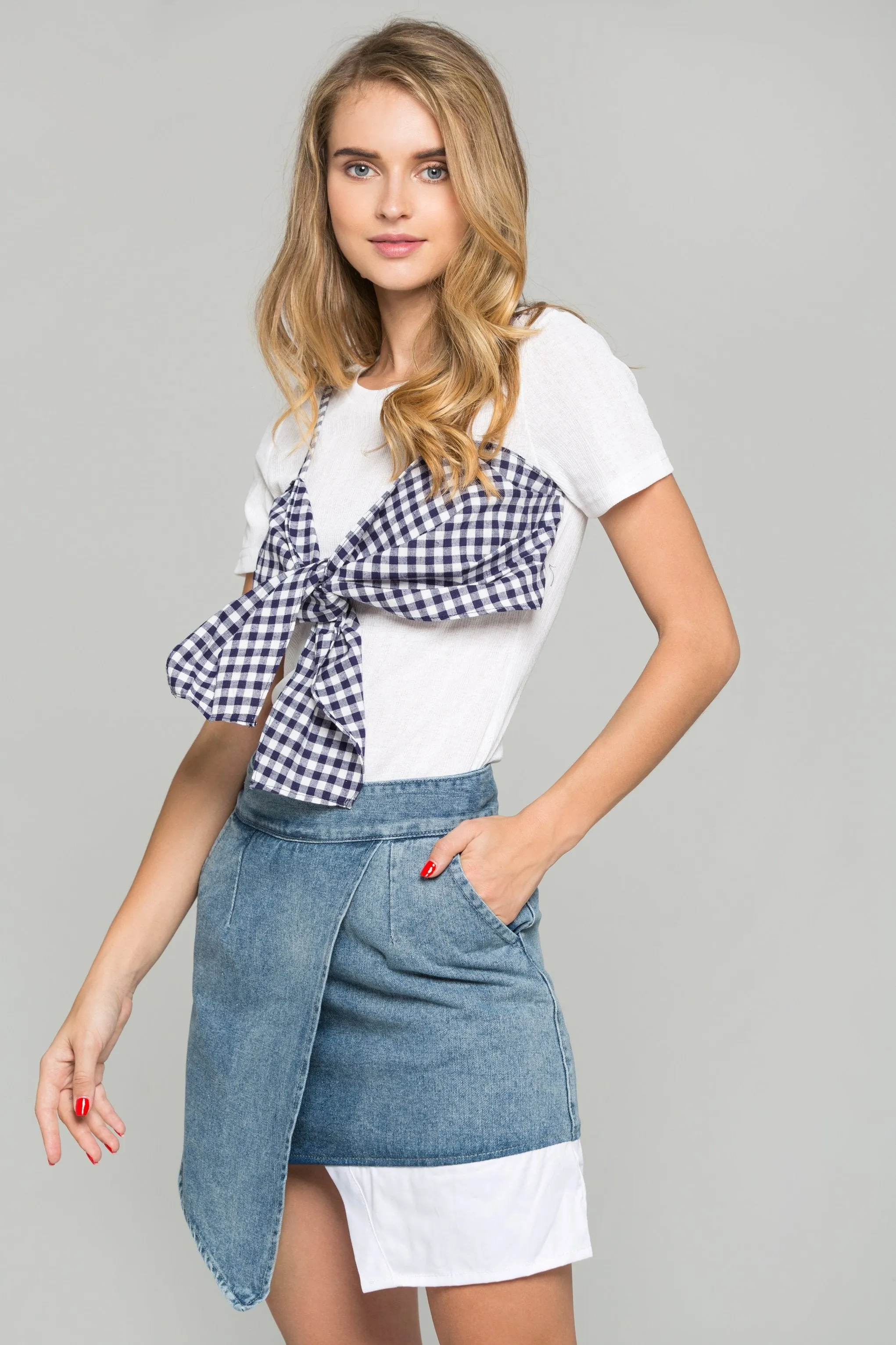 Blue Gingham Bralette Over White Crepe Crop Top