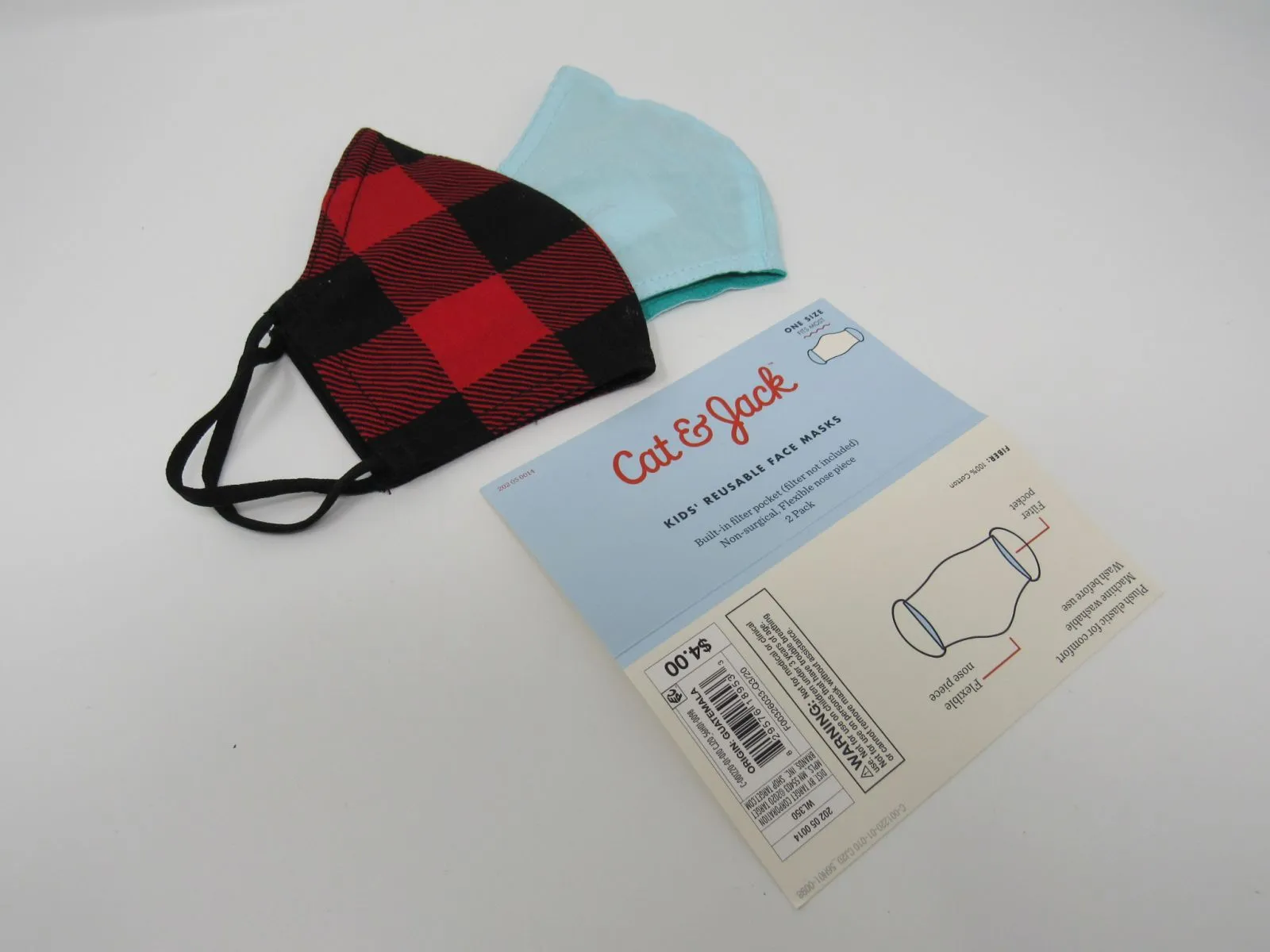 Cat & Jack Kids Reusable Face Mask 2 Pack Built-In Filter Pocket Red/Black/Blue -- New