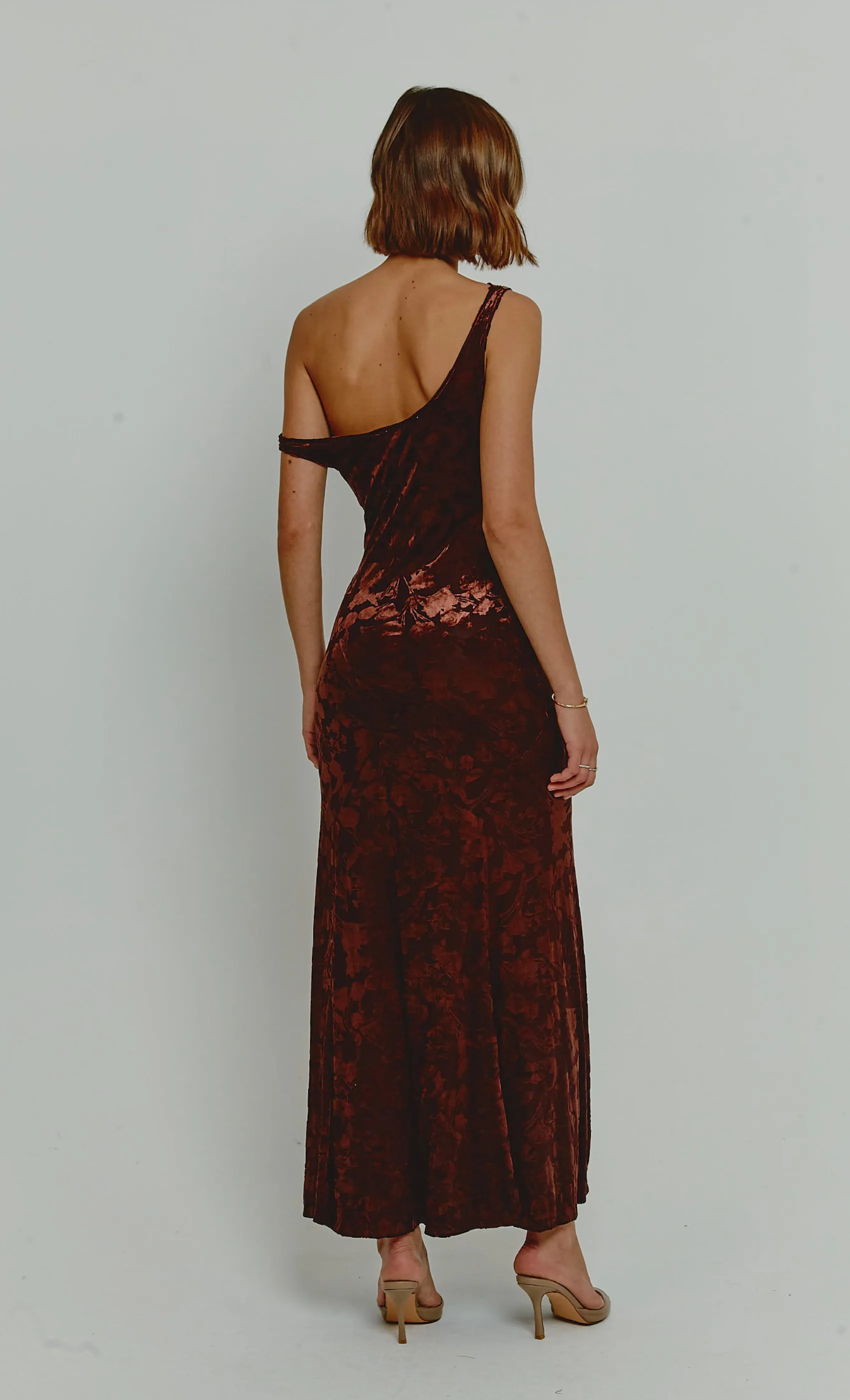 Chocolate Fallen Shoulder Burnout Dress