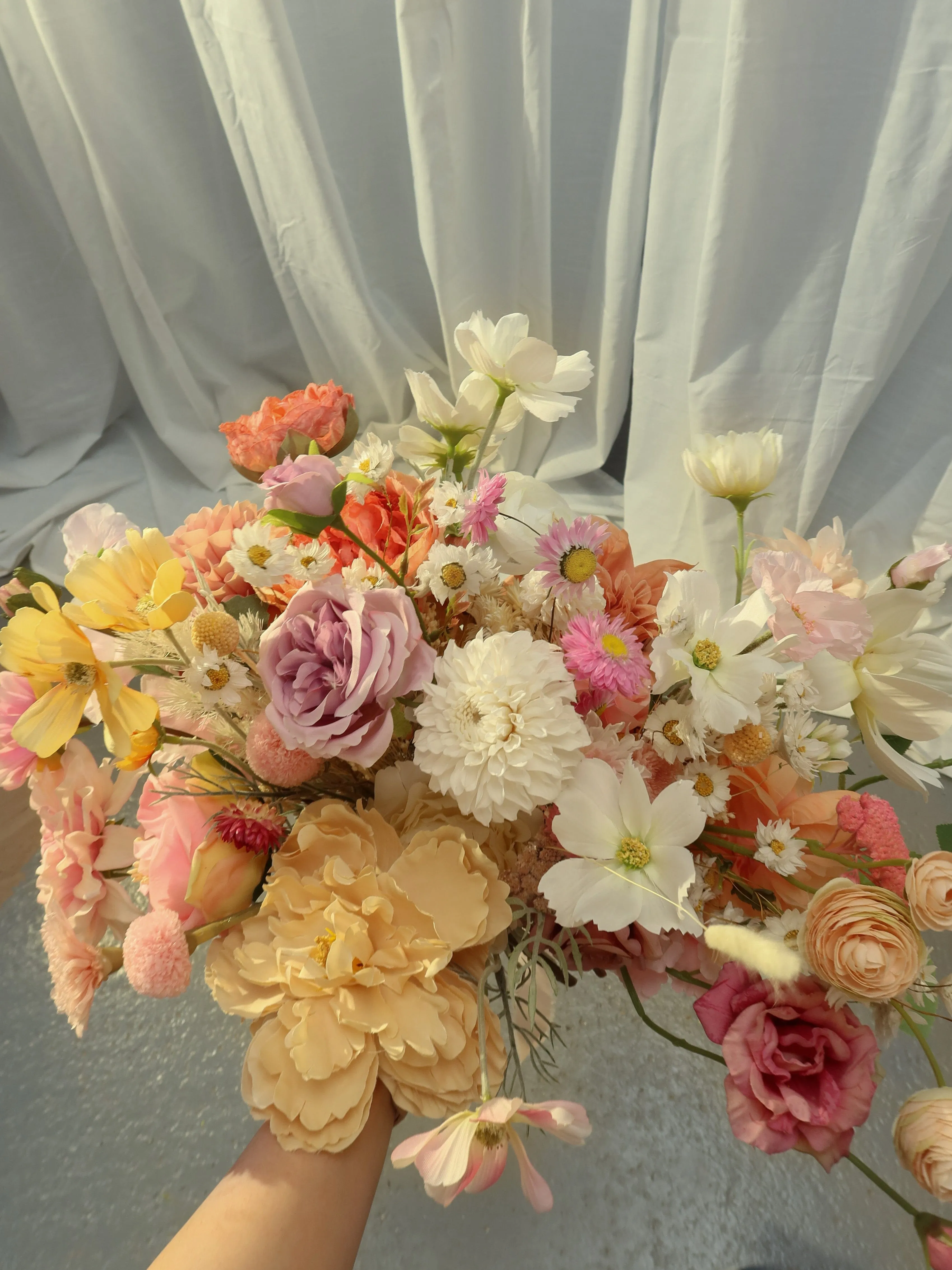 Colourful Artificial Flowers Bridal Bouquet - Meadow Yellow & Pink