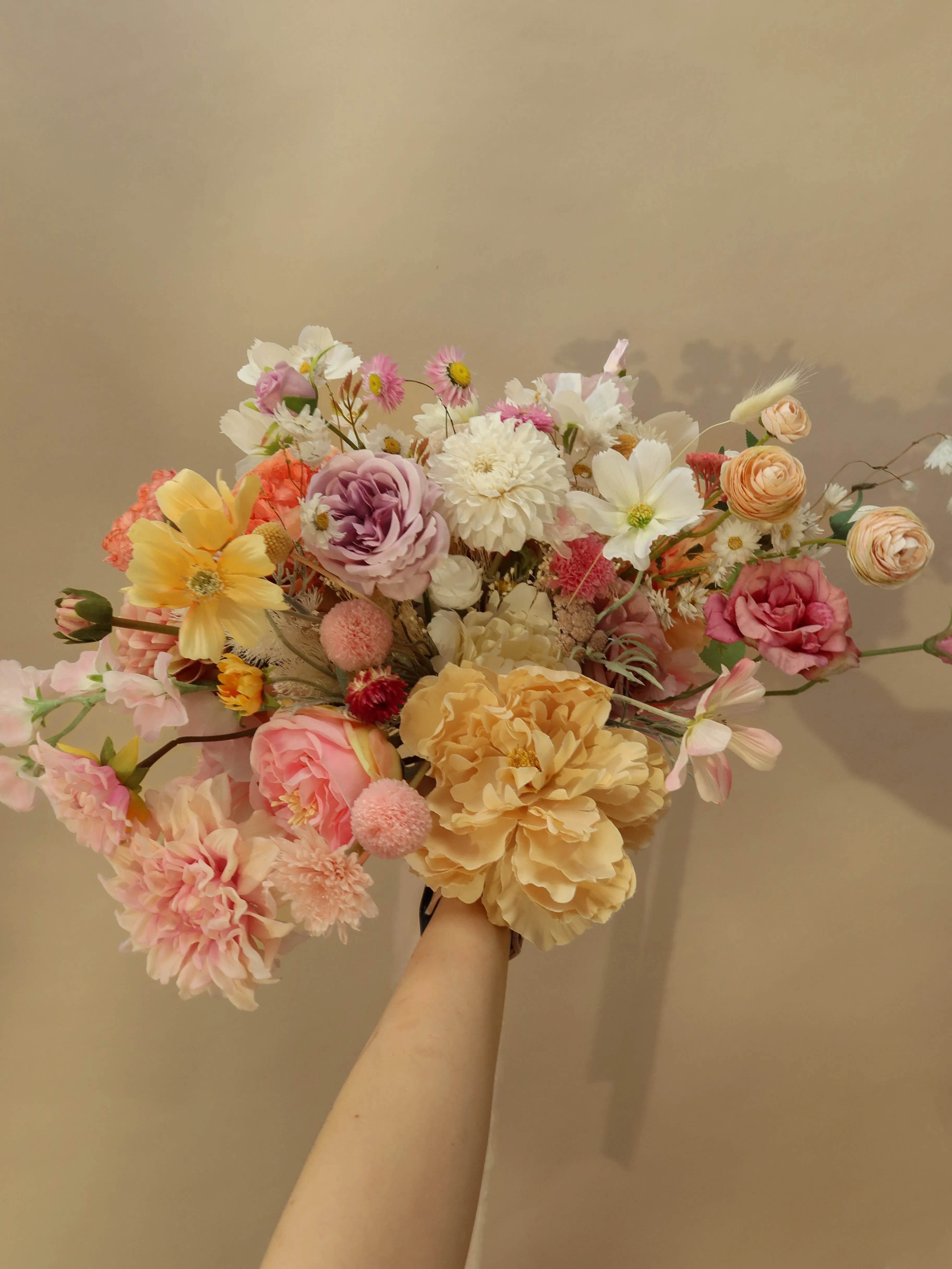 Colourful Artificial Flowers Bridal Bouquet - Meadow Yellow & Pink