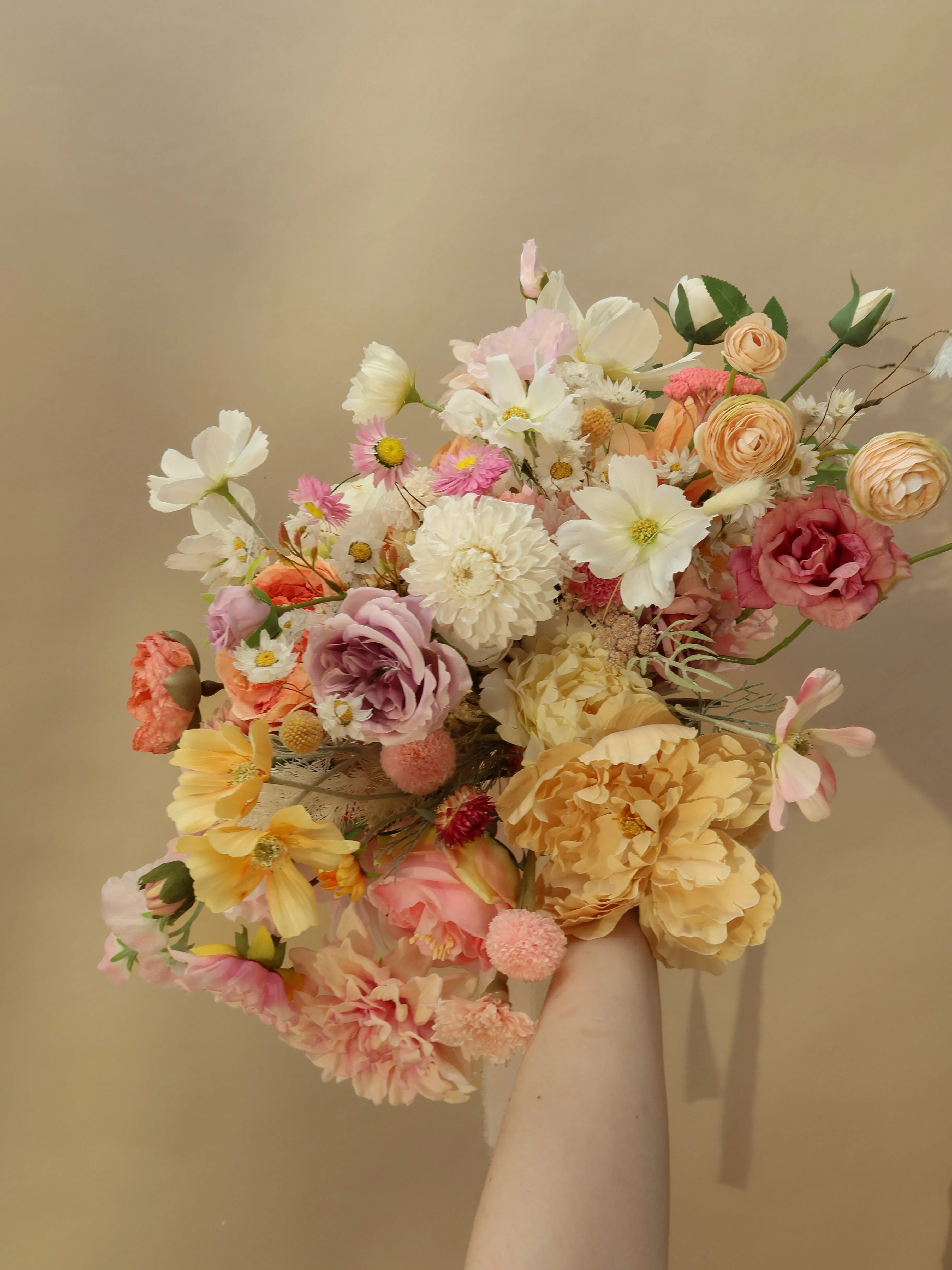 Colourful Artificial Flowers Bridal Bouquet - Meadow Yellow & Pink