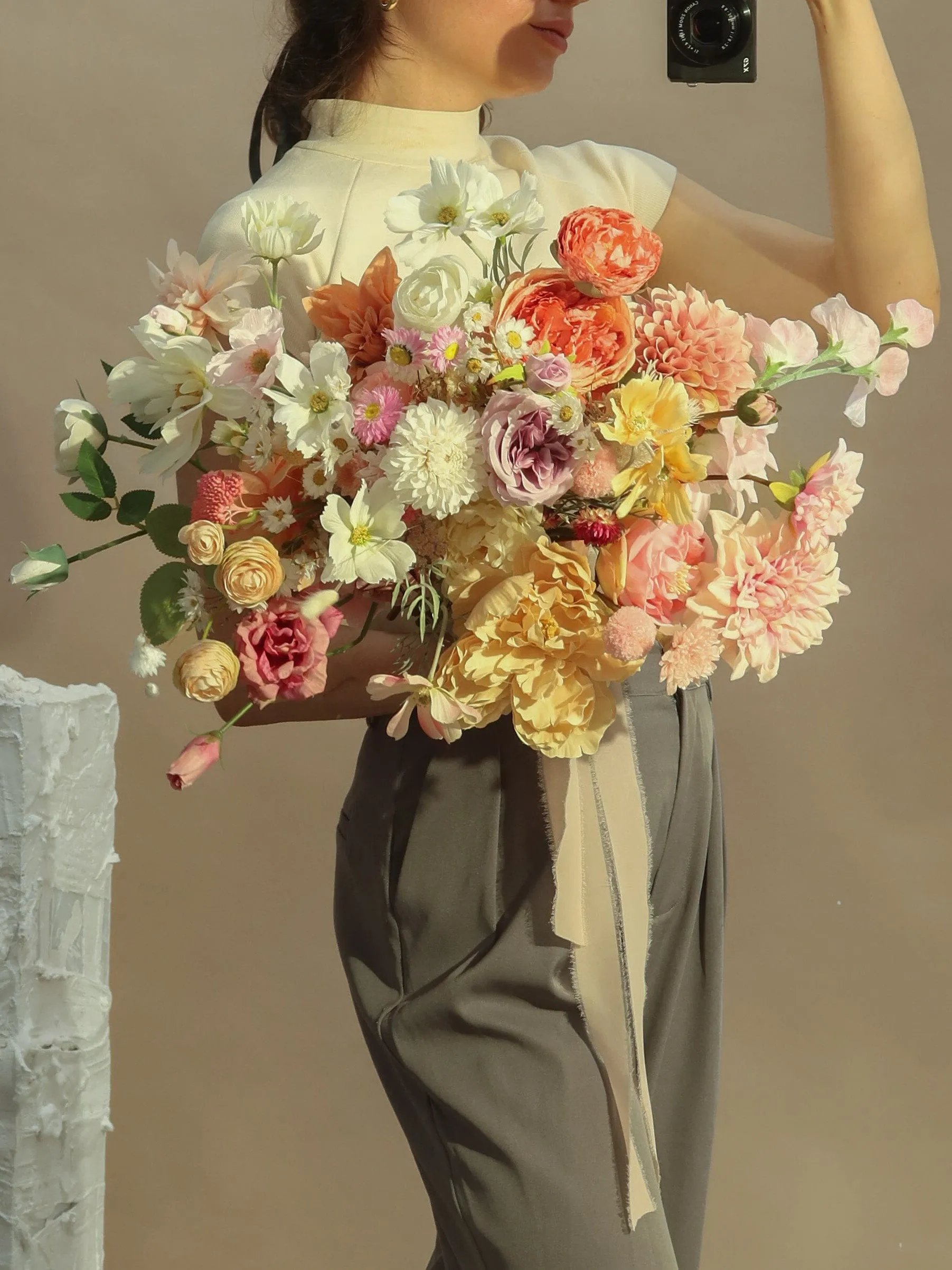 Colourful Artificial Flowers Bridal Bouquet - Meadow Yellow & Pink