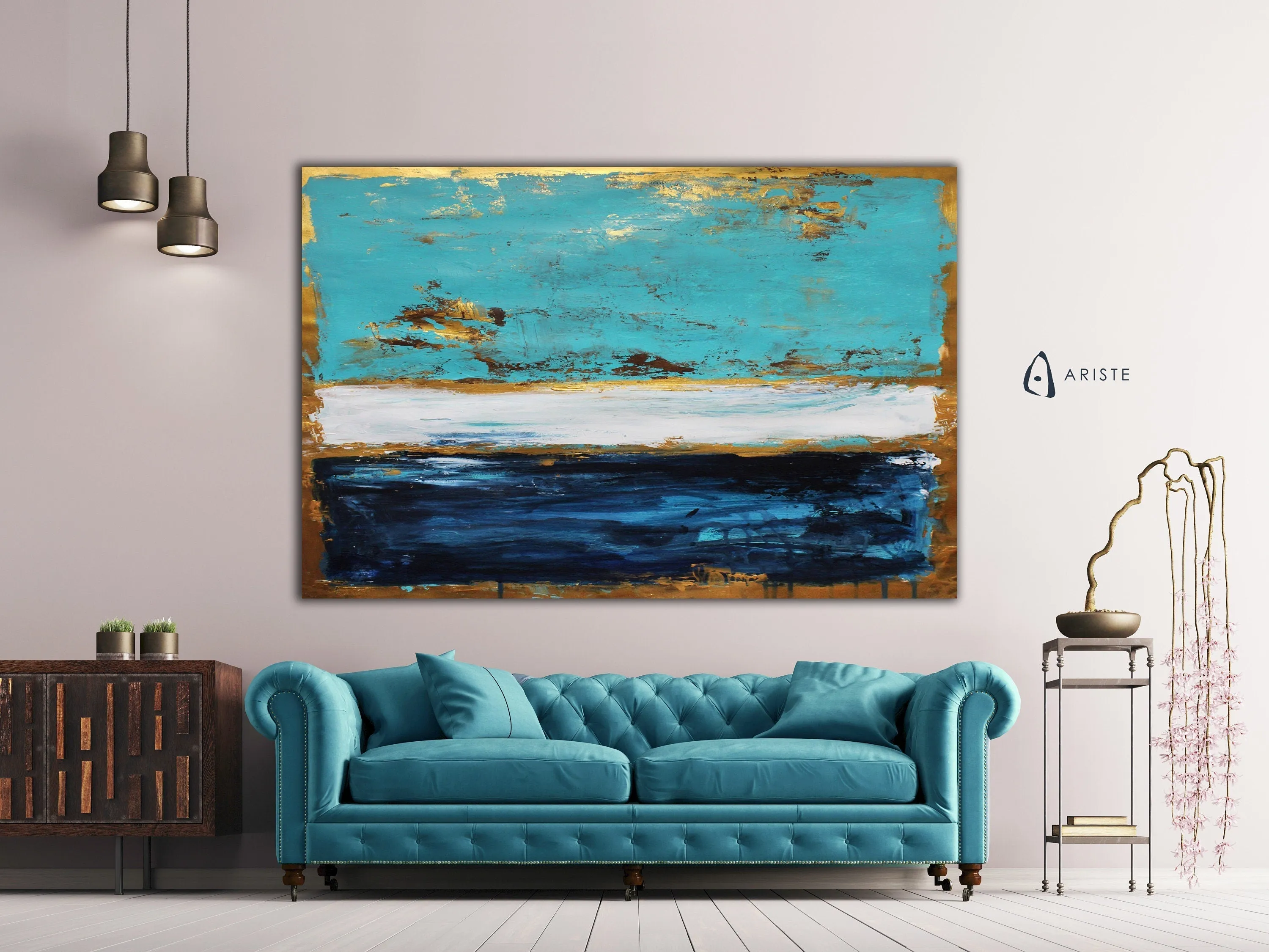 Dark blue, teal & gold color field paintings made to order in a custom size