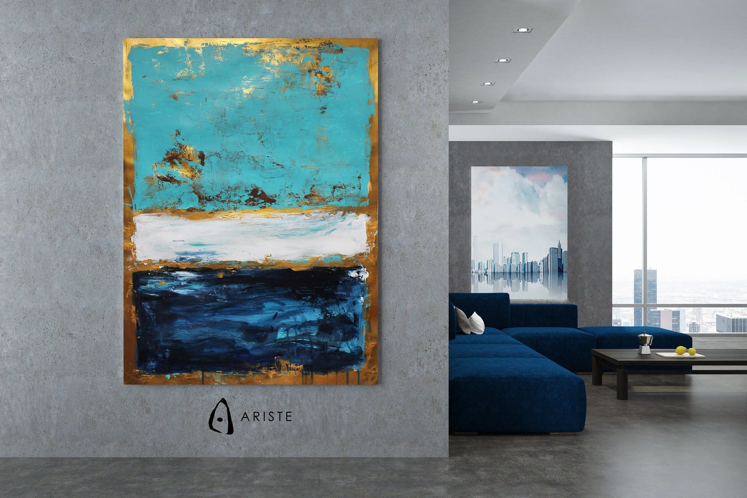 Dark blue, teal & gold color field paintings made to order in a custom size