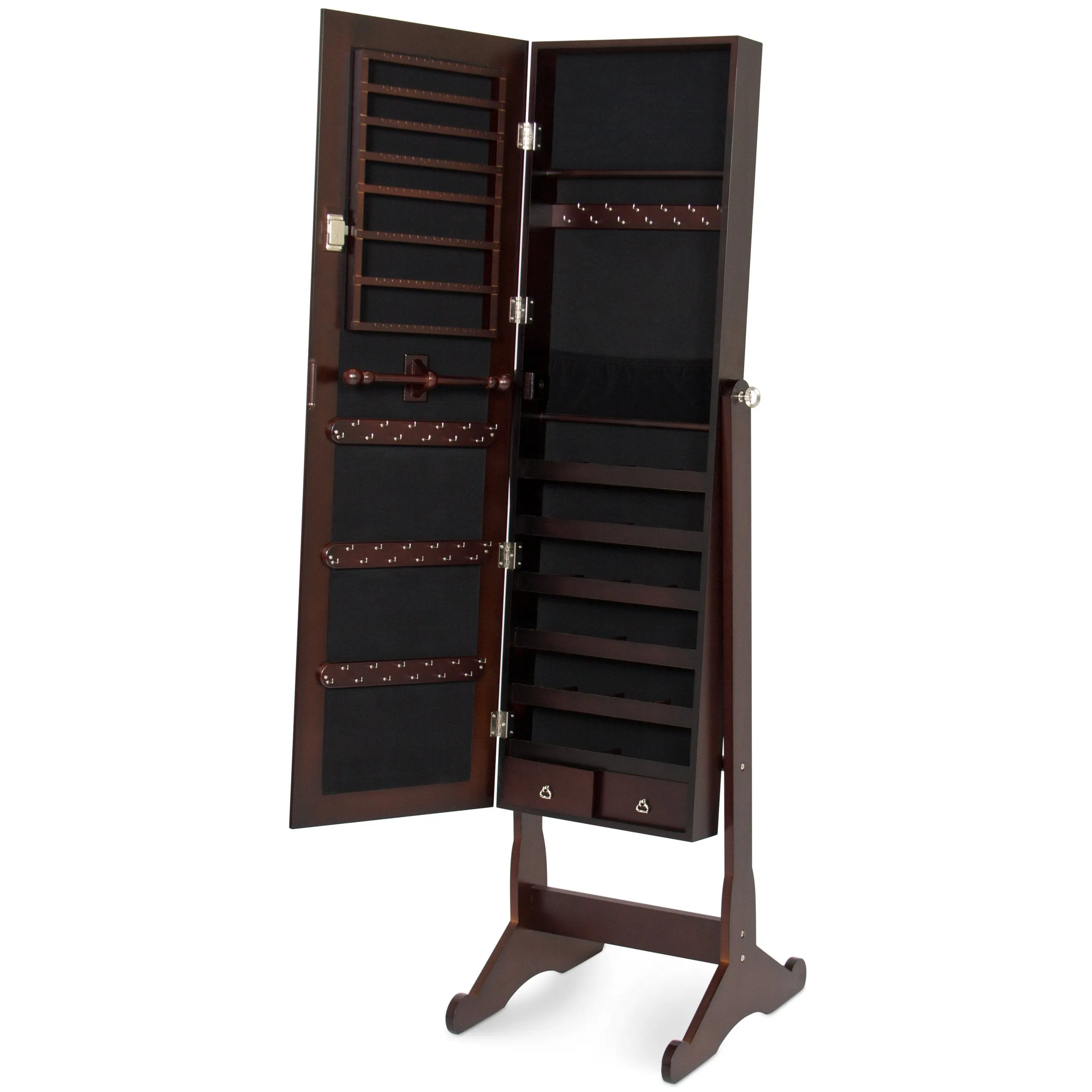 Full Length Tilting Mirrored Jewelry Cabinet Armoire w/ Velvet Interior