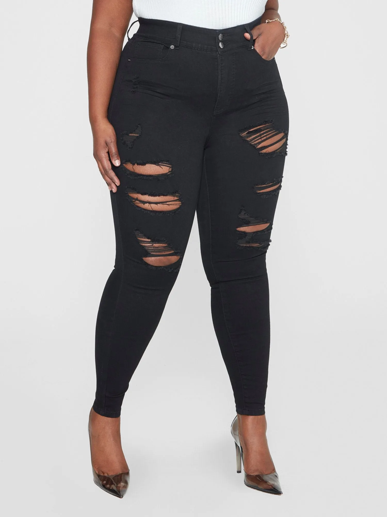 High Rise Comfort Stretch Destructed Jeggings in Black - Short Inseam