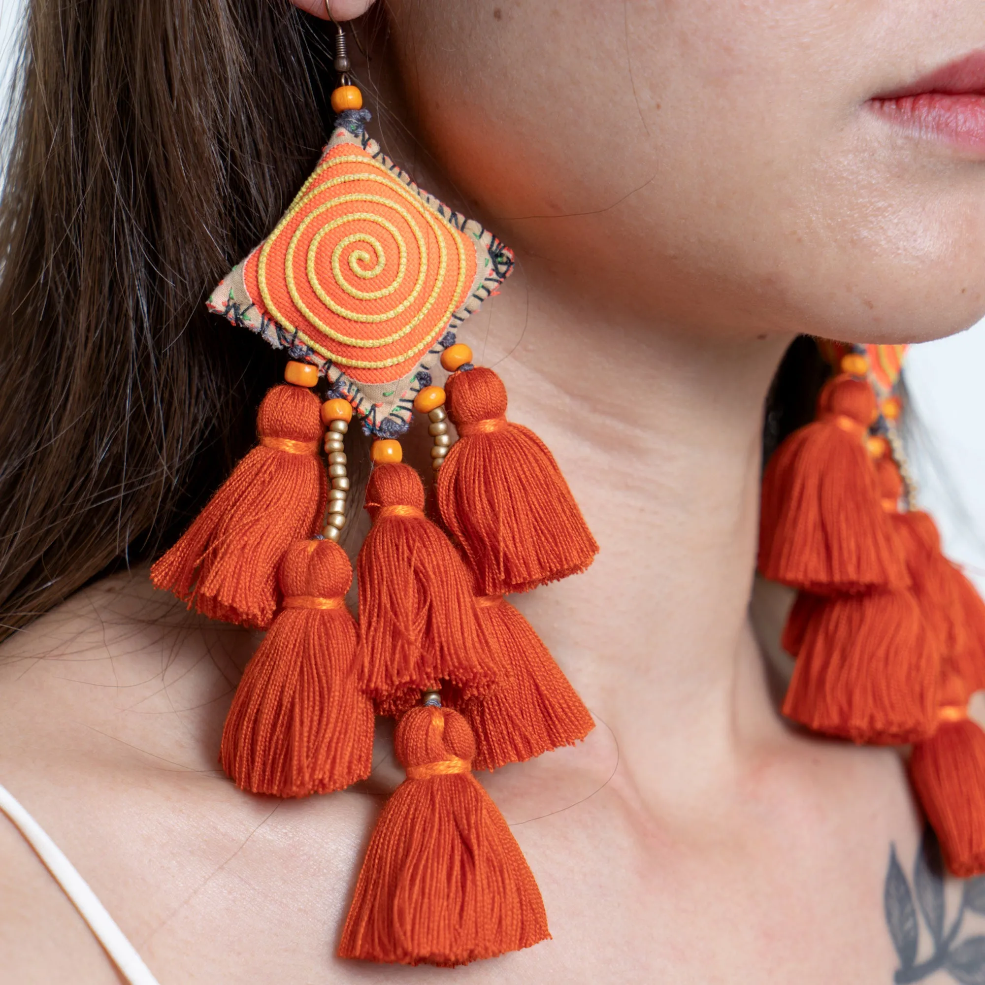 Hill Tribe Pillow Tassels Earrings in Orange