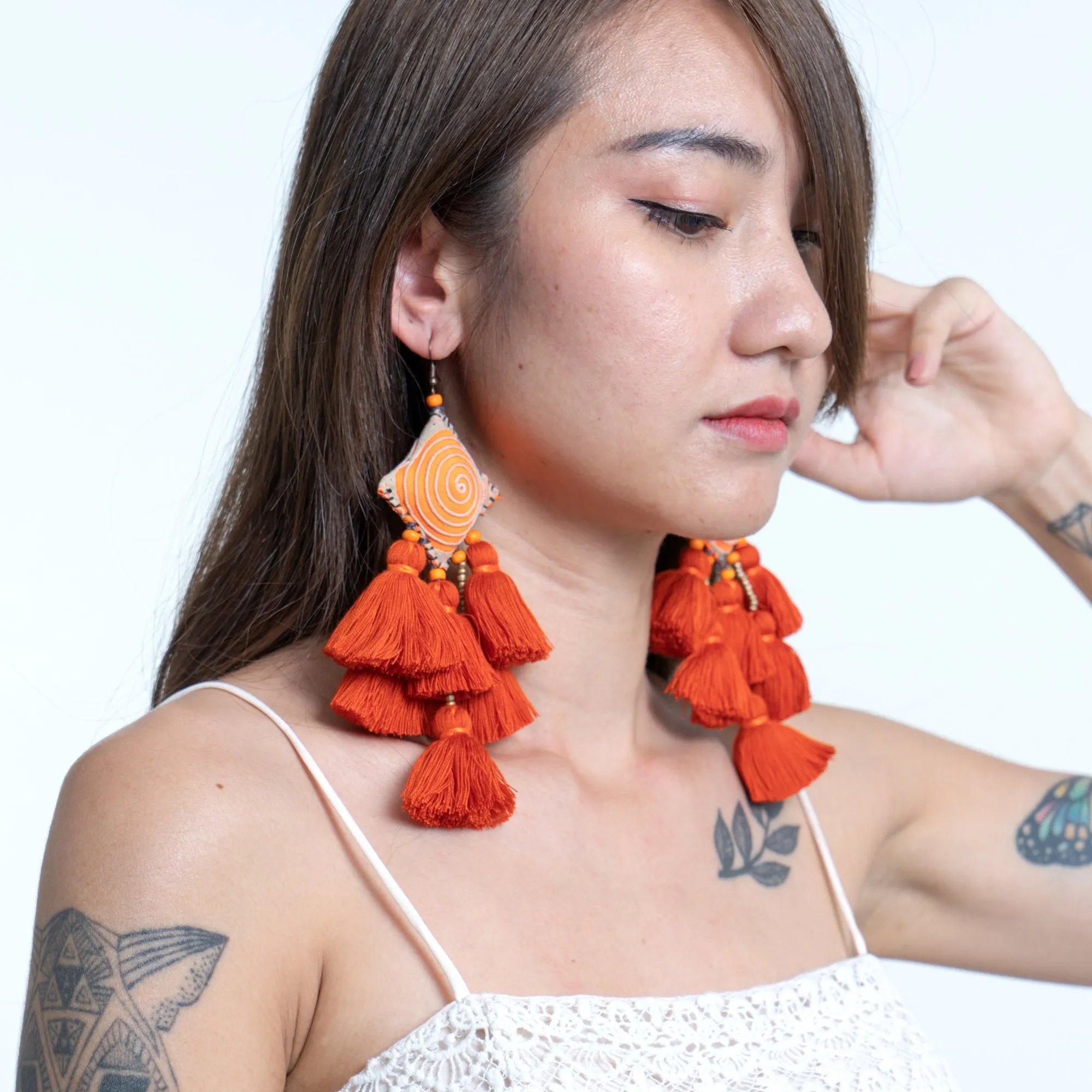 Hill Tribe Pillow Tassels Earrings in Orange