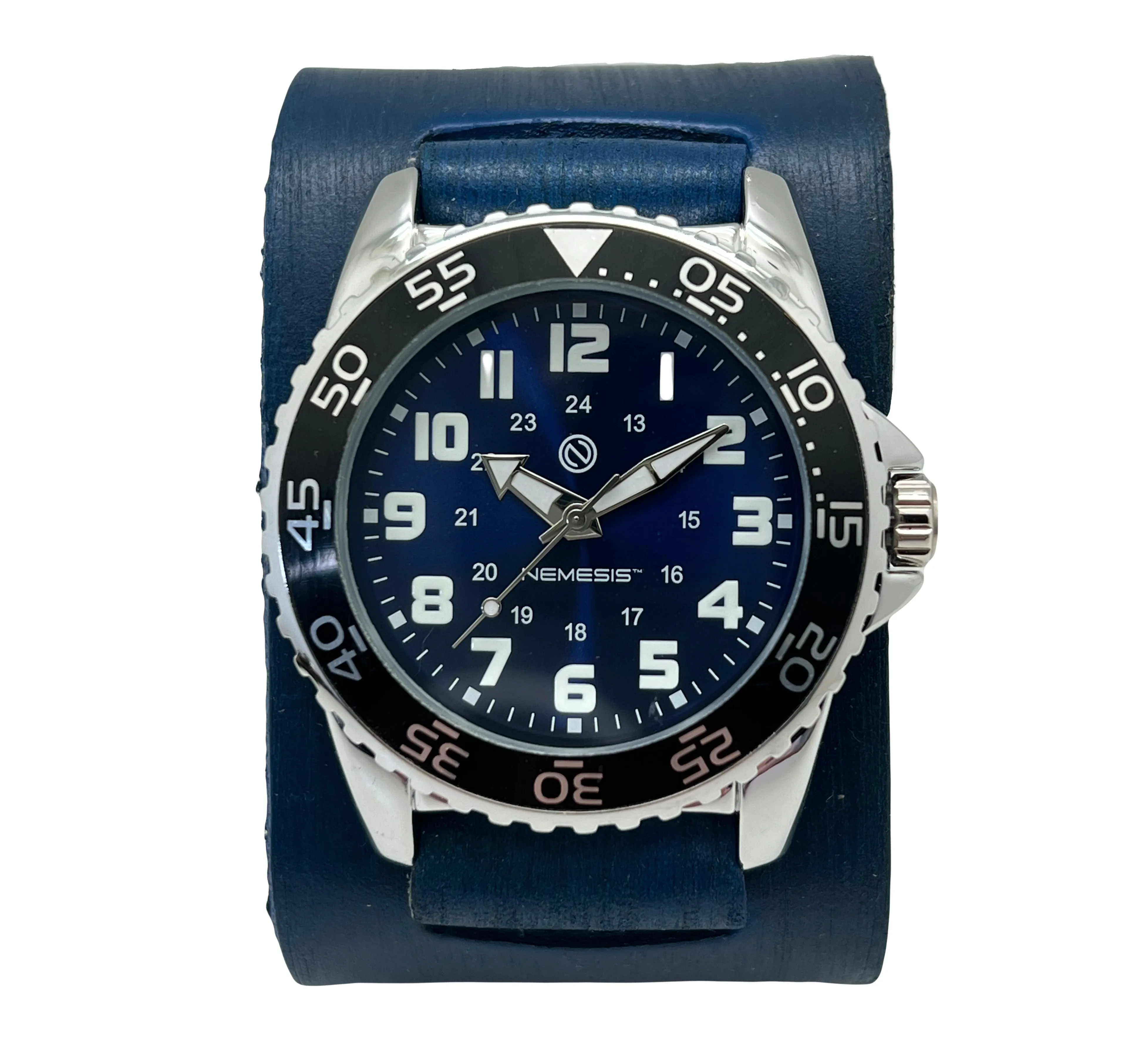 Hybrid Diver Blue/White Watch with Distressed Blue Leather Wide Cuff