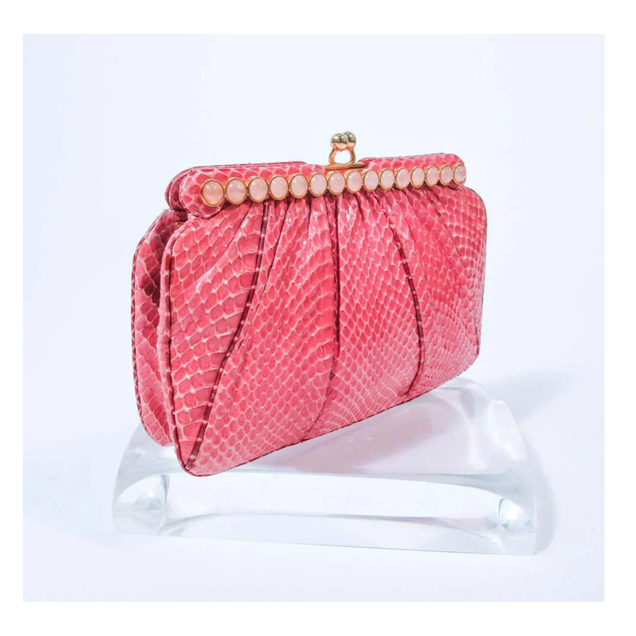 JUDITH LEIBER Pink Snakeskin Clutch w/ Optional Strap Mirror Coin Purse