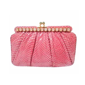 JUDITH LEIBER Pink Snakeskin Clutch w/ Optional Strap Mirror Coin Purse