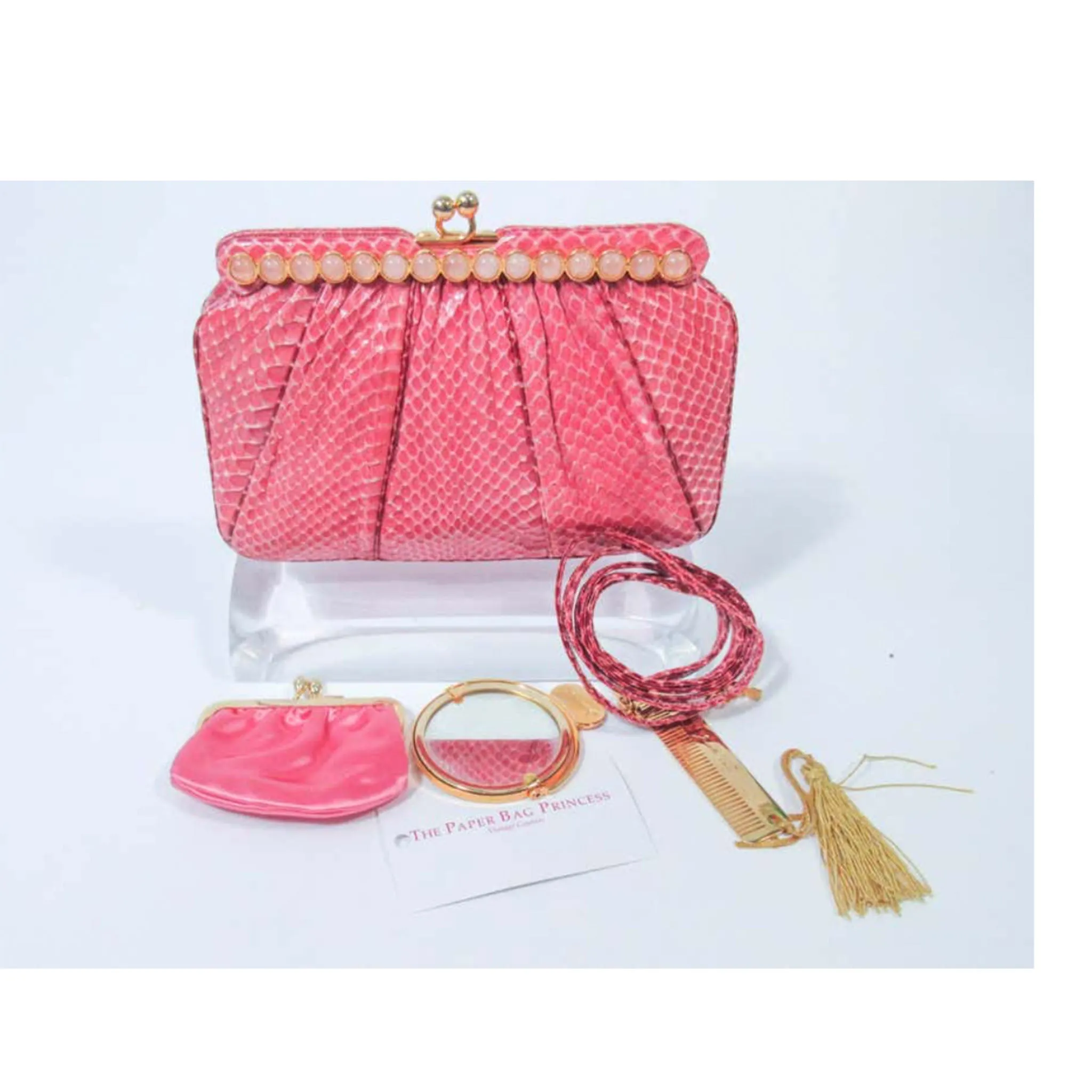 JUDITH LEIBER Pink Snakeskin Clutch w/ Optional Strap Mirror Coin Purse