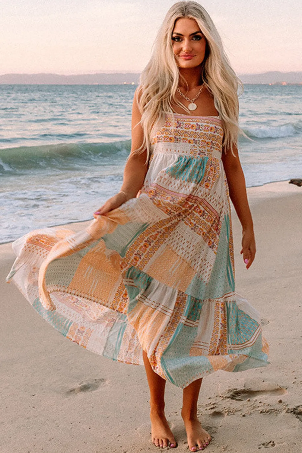 Multicolor Boho Patchwork Print Square Neck Sundress