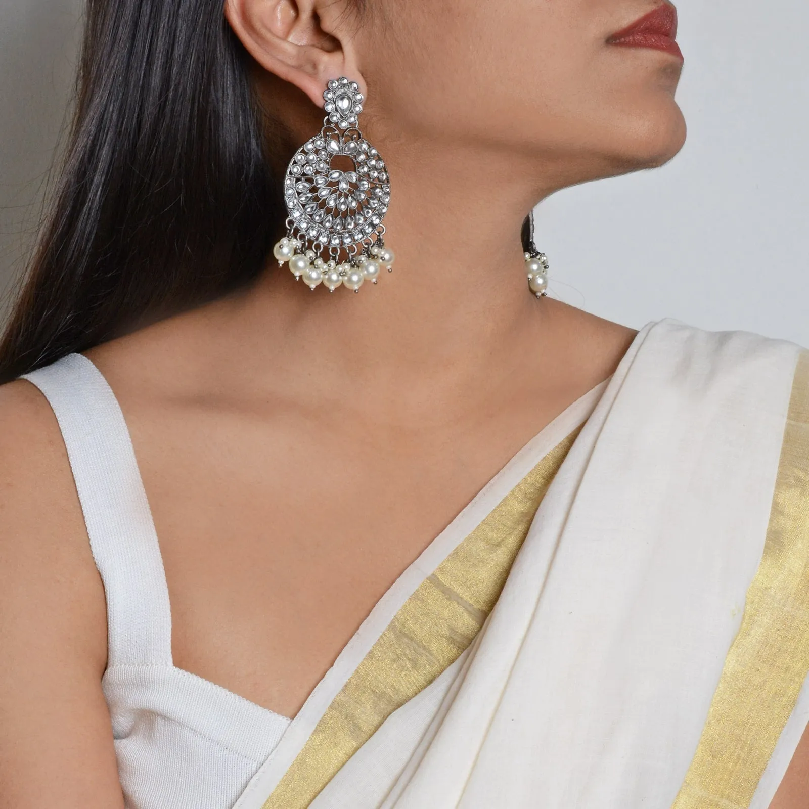 Nisha Silver Oxidized Statement Earrings