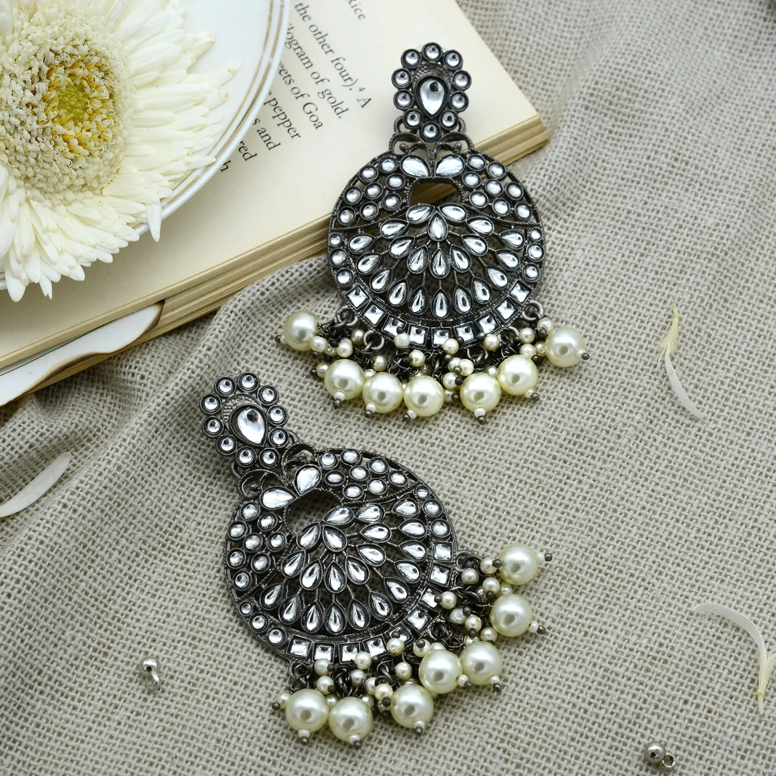 Nisha Silver Oxidized Statement Earrings