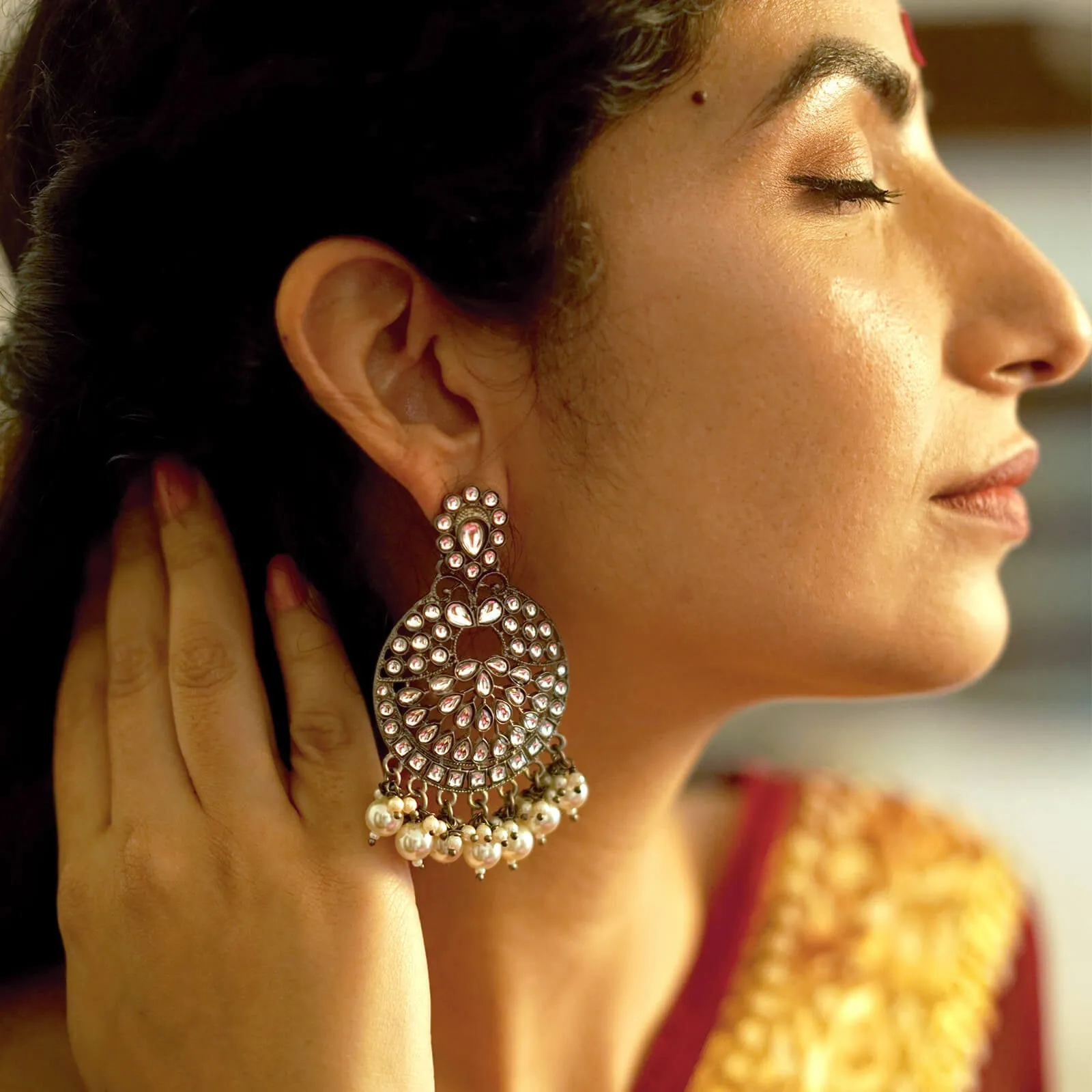 Nisha Silver Oxidized Statement Earrings