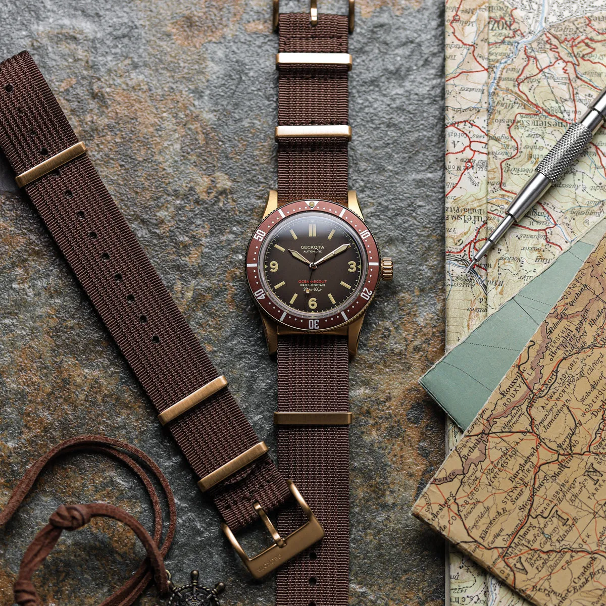 Ocean-Scout Nylon Watch Strap - Brown - Gold Buckle