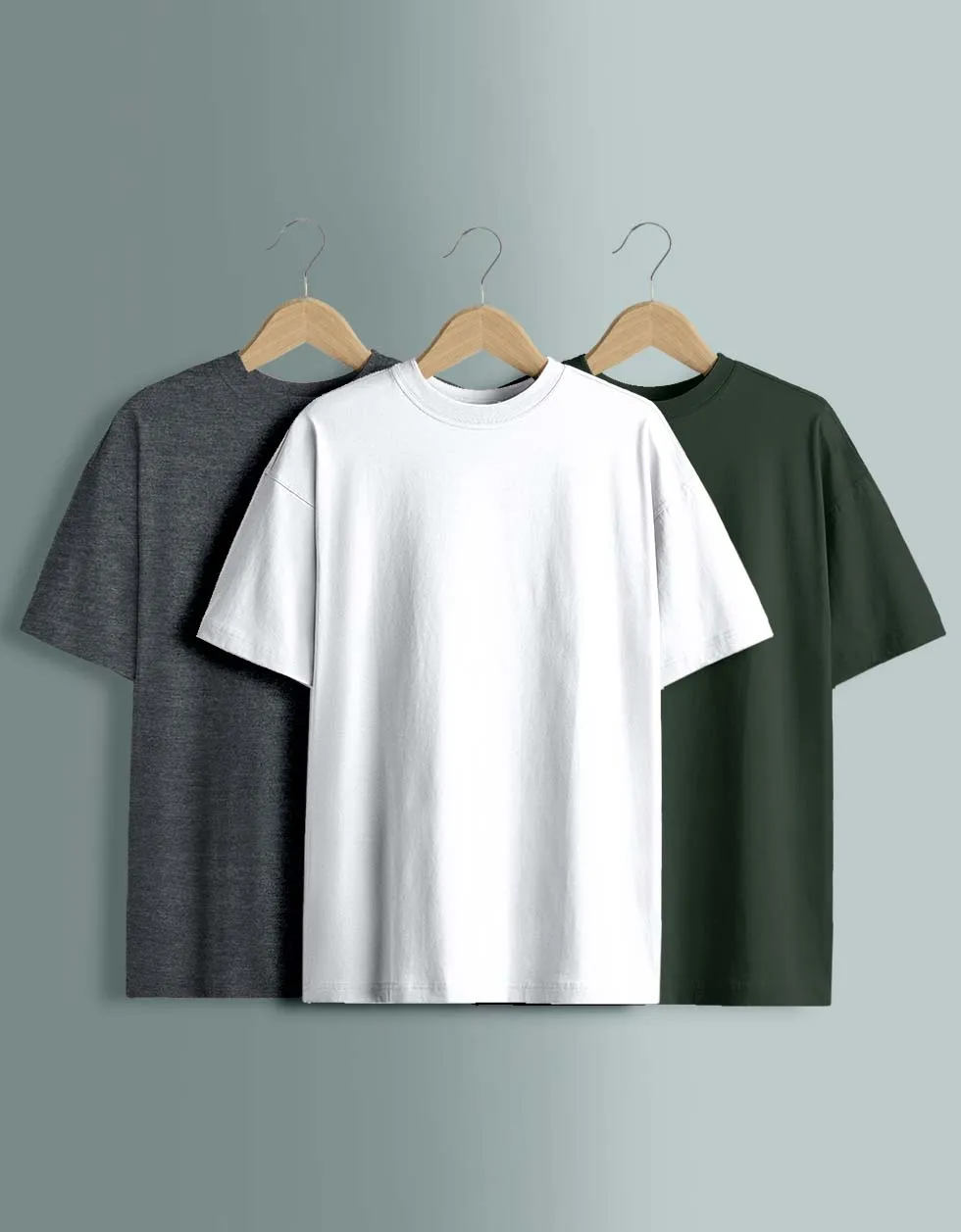 Pack of 3 Solid Oversized T-shirts: White, Olive, Anthra