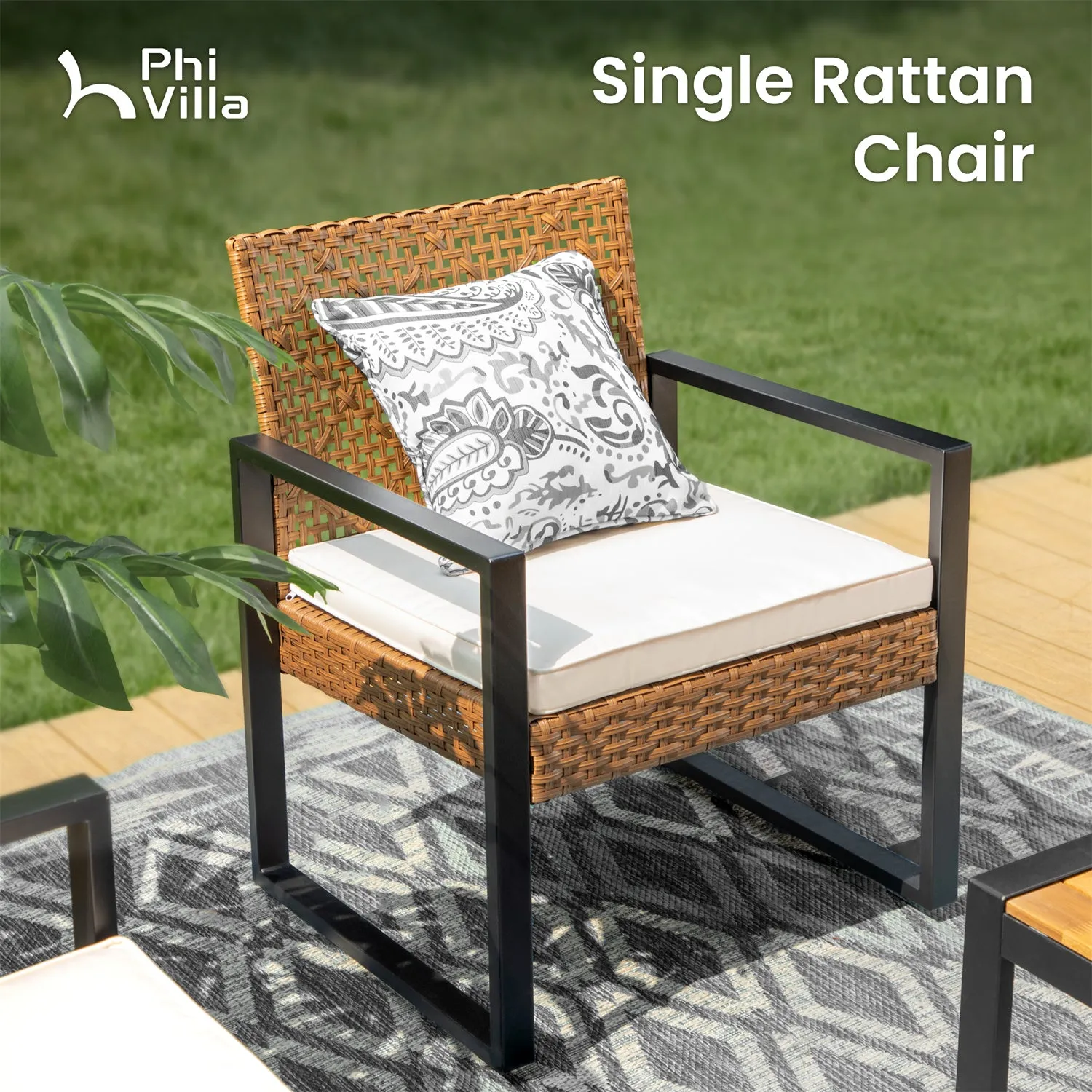 PHI VILLA 4-Piece Patio Conversation Set - Wicker Chairs and Acacia Wood Coffee Table - Modern and Stylish