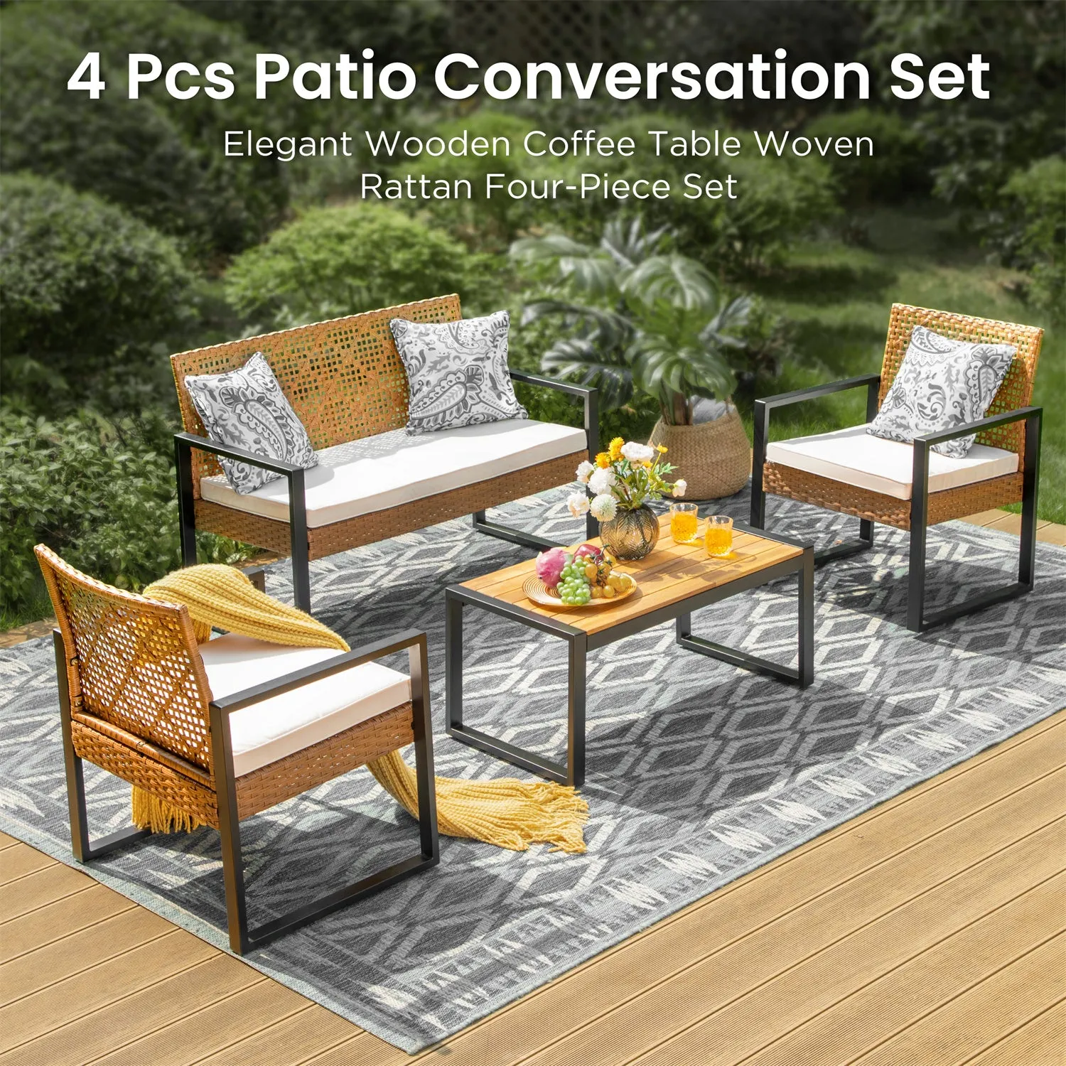 PHI VILLA 4-Piece Patio Conversation Set - Wicker Chairs and Acacia Wood Coffee Table - Modern and Stylish