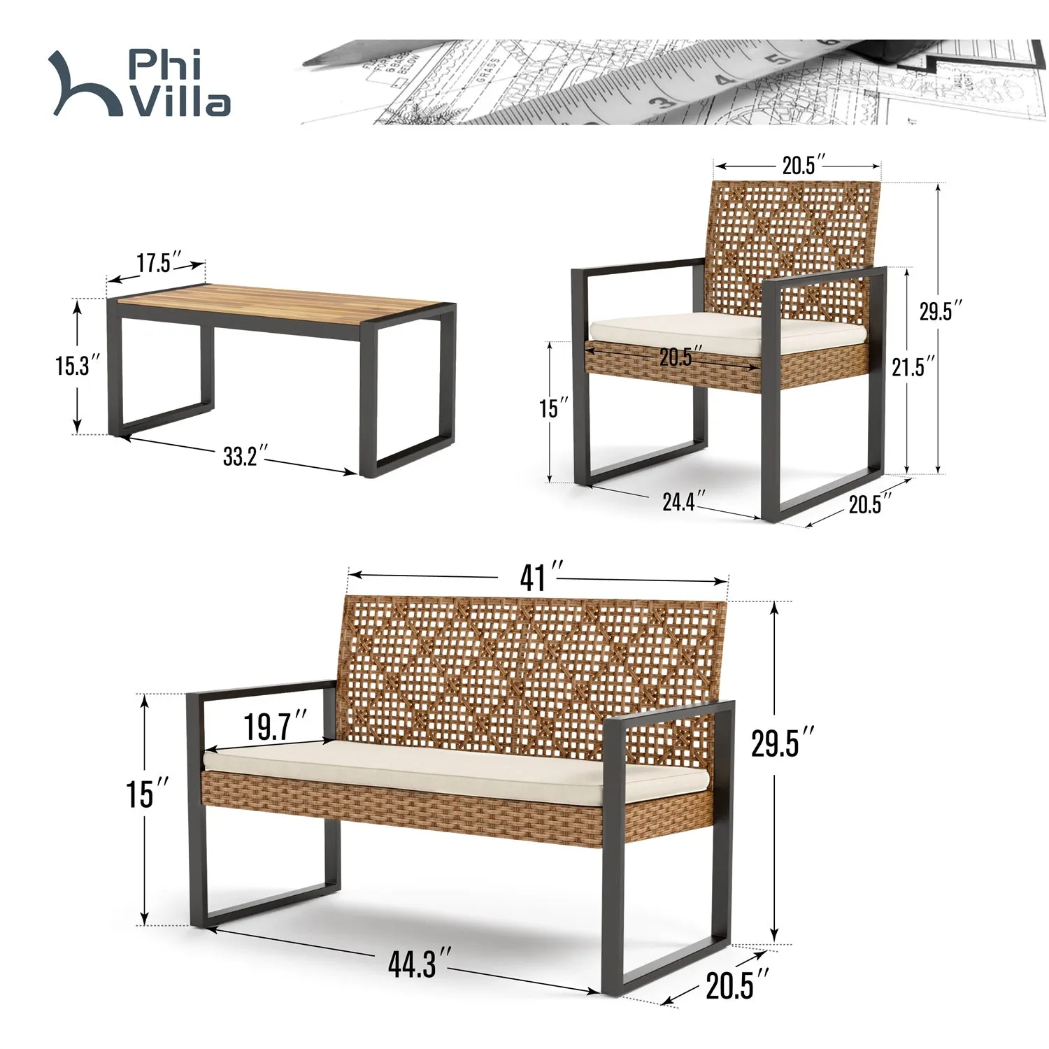 PHI VILLA 4-Piece Patio Conversation Set - Wicker Chairs and Acacia Wood Coffee Table - Modern and Stylish