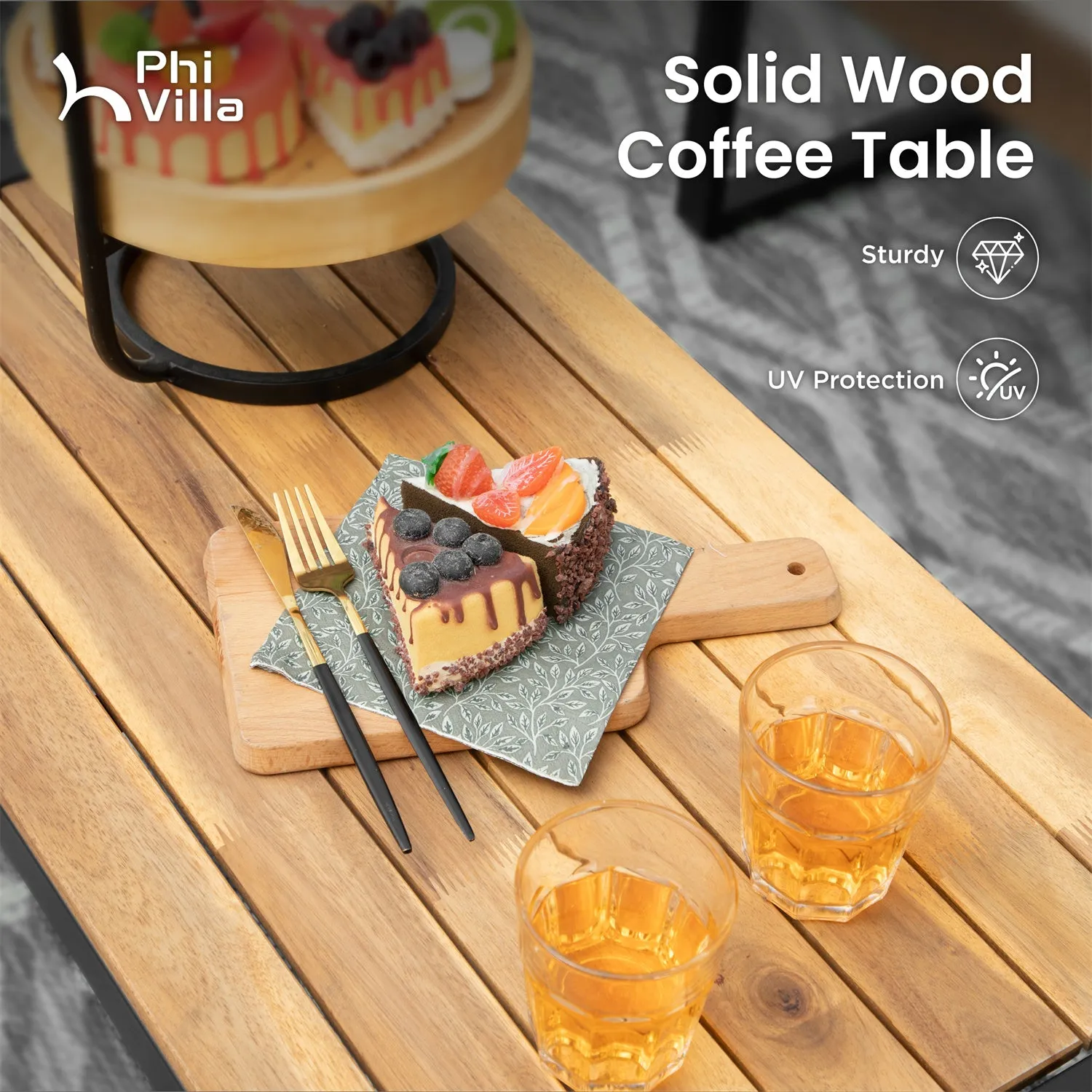 PHI VILLA 4-Piece Patio Conversation Set - Wicker Chairs and Acacia Wood Coffee Table - Modern and Stylish