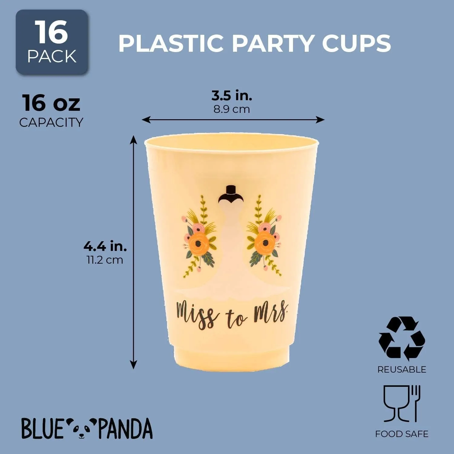 Plastic Party Cups for Bachelorette Party and Bridal Shower, Miss to Mrs. (16 Pack)