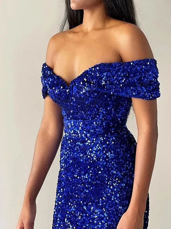 Royal Blue Mermaid Off the Shoulder Sleeveless Long Sweep Train Velvet Sequin Prom Dress (AF1076)