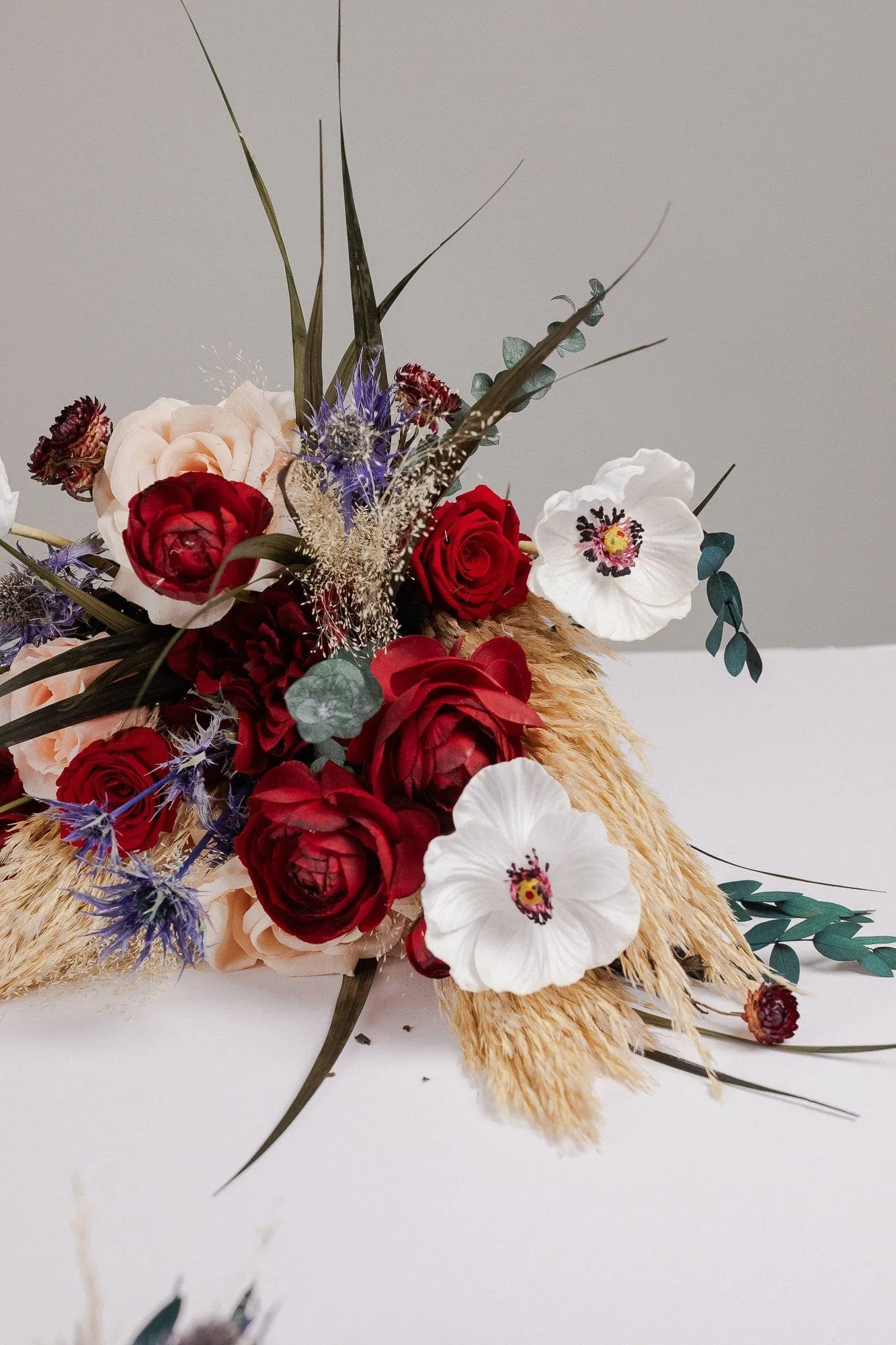 Scottish Thistle & Burgundy Ranunculus, Peonies Boho Bridal Bouquet / White Anemone Bouquet / Red Wedding Bouquet / Pampas Grass Bouquet