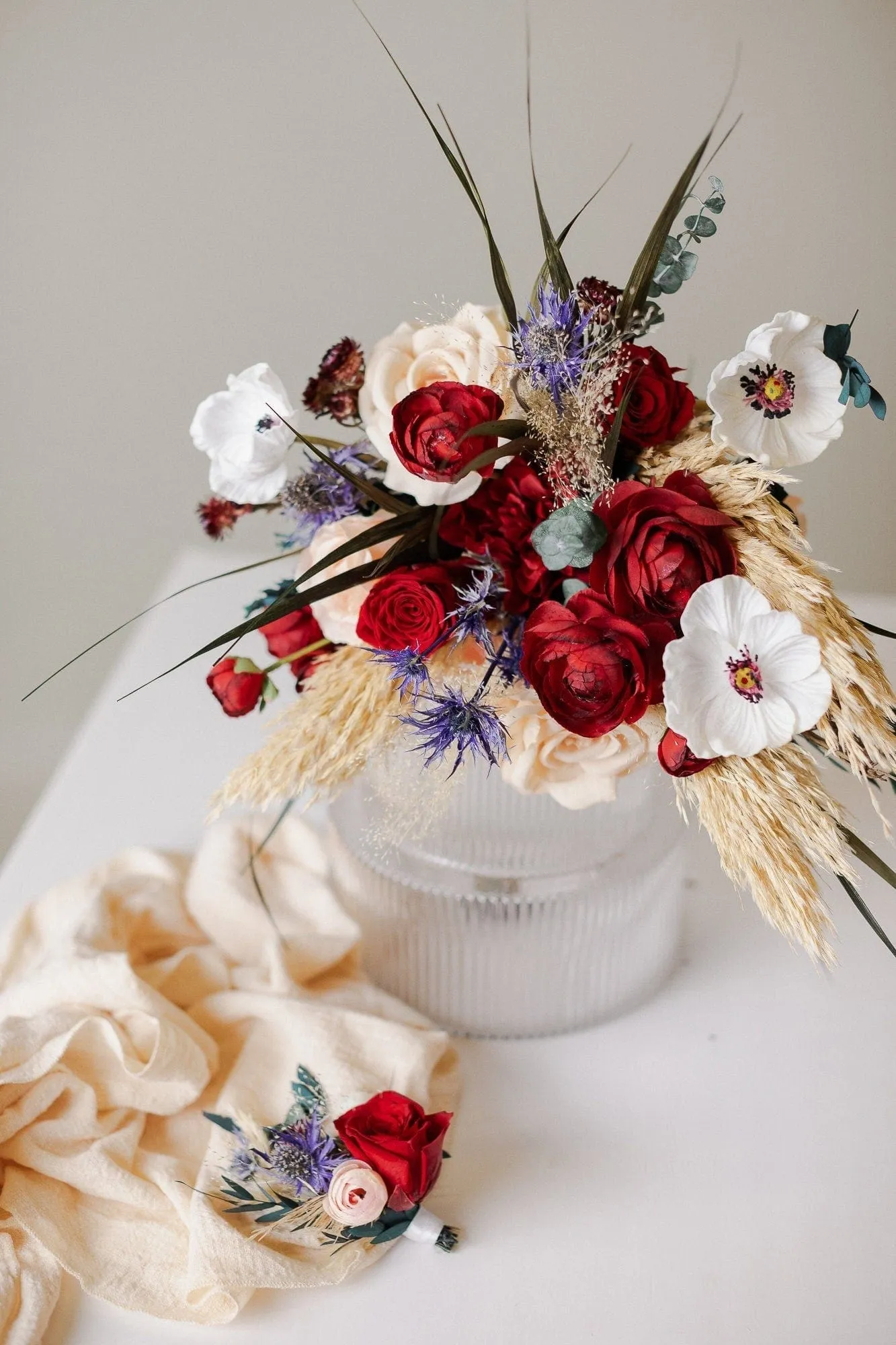 Scottish Thistle & Burgundy Ranunculus, Peonies Boho Bridal Bouquet / White Anemone Bouquet / Red Wedding Bouquet / Pampas Grass Bouquet