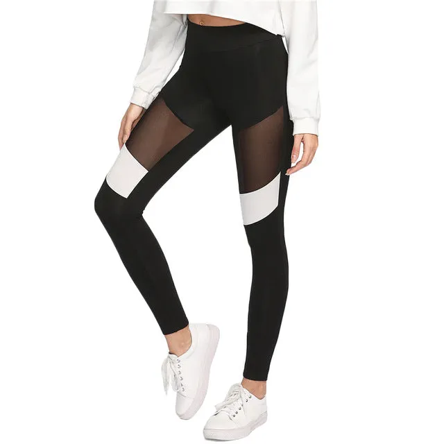 SHEIN Women Workout Leggings Black Fitness Womens Clothing Contrast Mesh Color Block Two Tone Mesh Insert Leggings