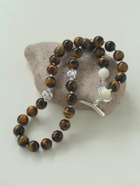 Smooth Tiger's Eye and Silver Shell Beaded OT Necklace