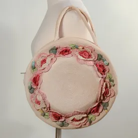 SOLD Vintage Round Woven Handbag with Pretty Raffia Flowers