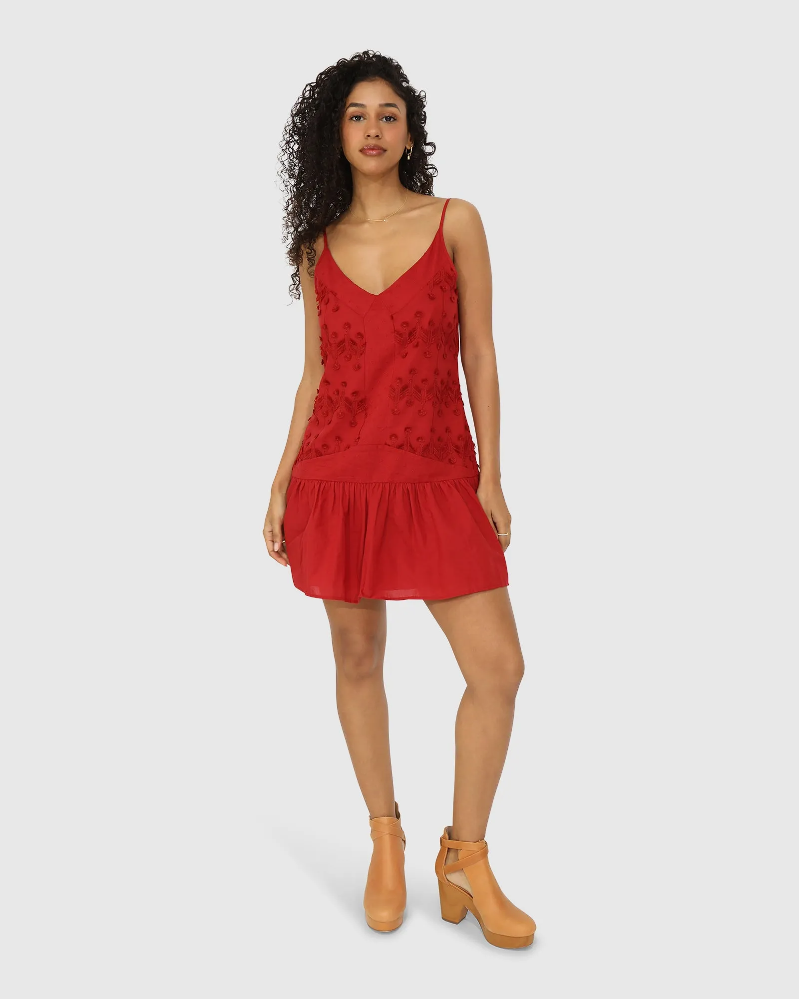 Sunny Afternoon Embroidered Dress - Red