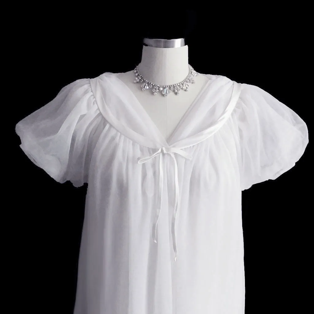 *VINTAGE JENELLE OF CALIFORNIA DOUBLE NYLON PEIGNOIR & NIGHTGOWN SET TRIMMED WITH SATIN IN BRIDAL WHITE